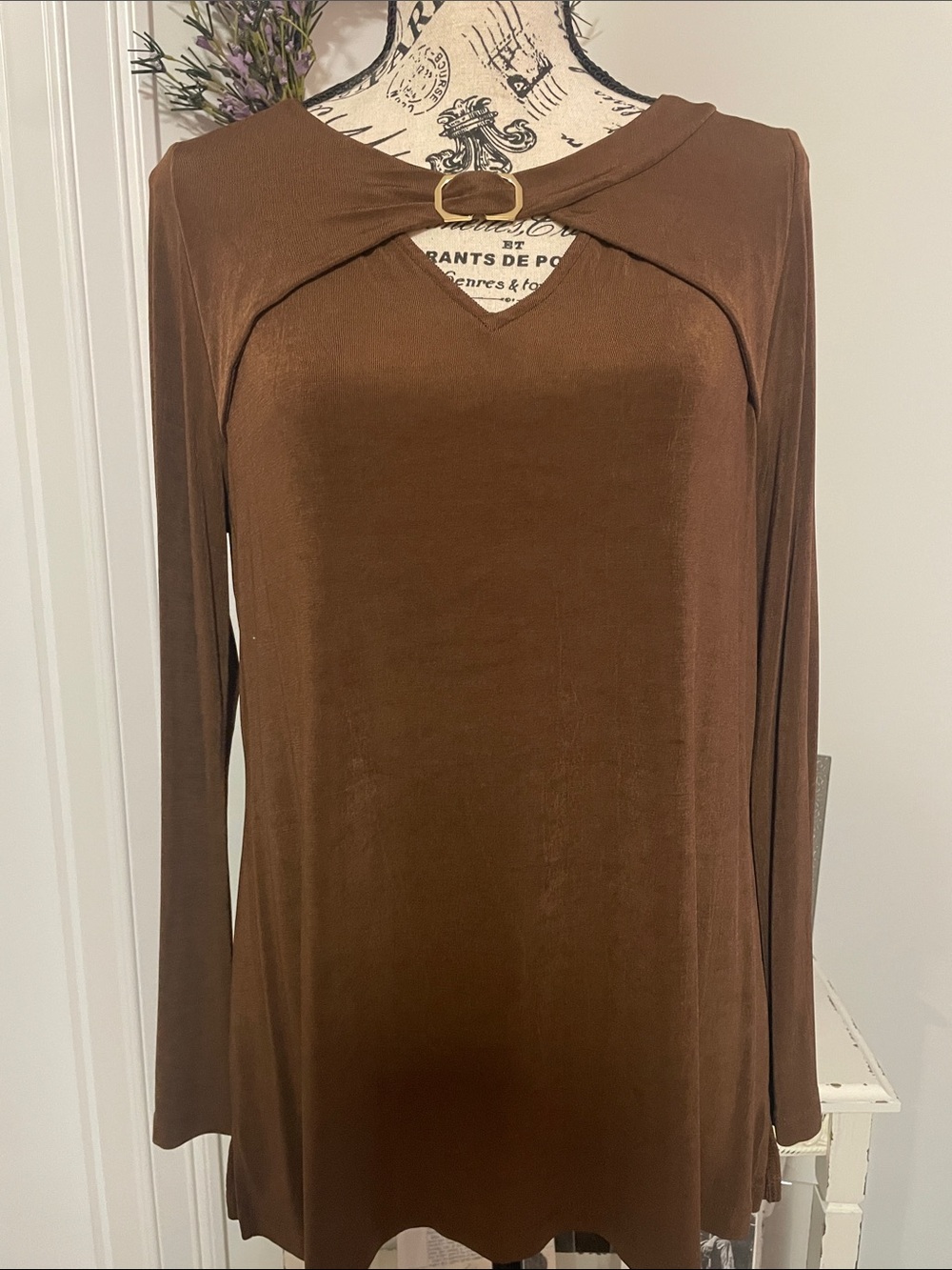 Chico’s Long Sleeve Brown Keyhole Top with Ring Detail - Women